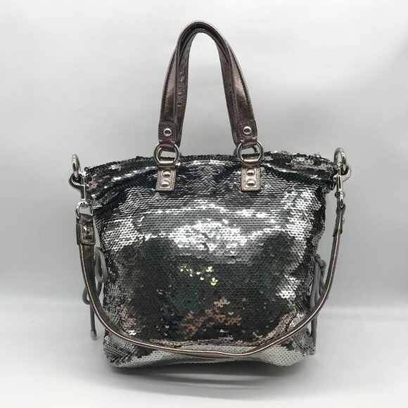 Coach Stone Gray Blue Poppy Sequin Spotlight Convertible Tote Bag 13821 - Picture 9 of 11